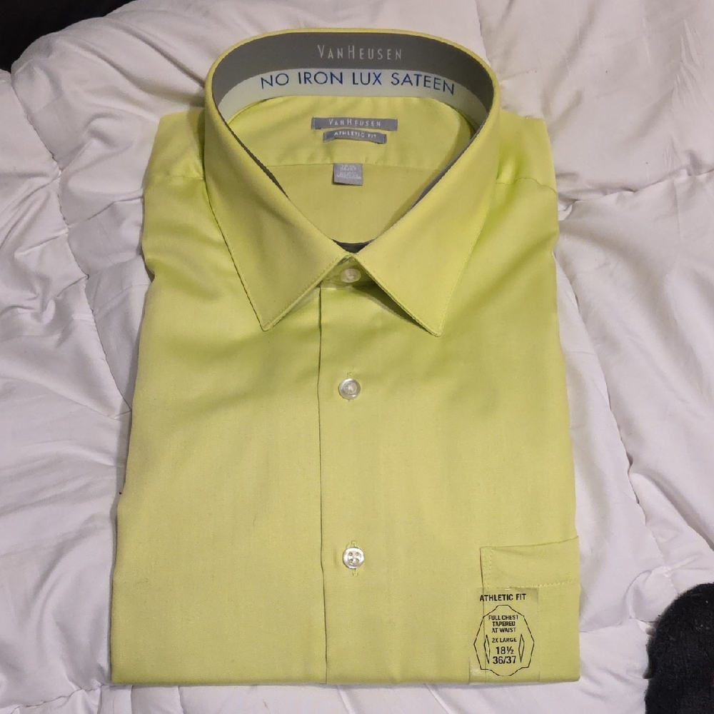 Van Heusen Athletic Fit No Iron Lux Sateen Lime Yellow Dress Shirt 18.5 36/37